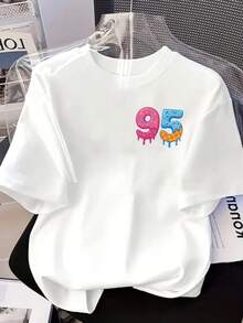 Camiseta Casual de Manga Corta con Cuello Redondo Estampado 95s para Mujer| Ajuste Cómodo, Diseño Clásico, Uso en Todas las Temporadas, Camiseta Y2k - Negro - Ver 3