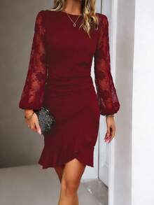 Vestido de encaje nuevo para mujer, de moda, mangas abullonadas, diseño favorecedor, perfecto para looks casuales, citas y ocasiones especiales - Burdeos - Ver 4
