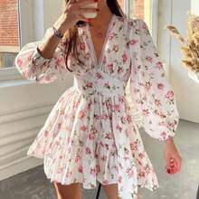 Nueva Vestido Midi Encaje Cuello V Estampado Dulce Manga Larga Corte Corto - Blanco - Ver 8
