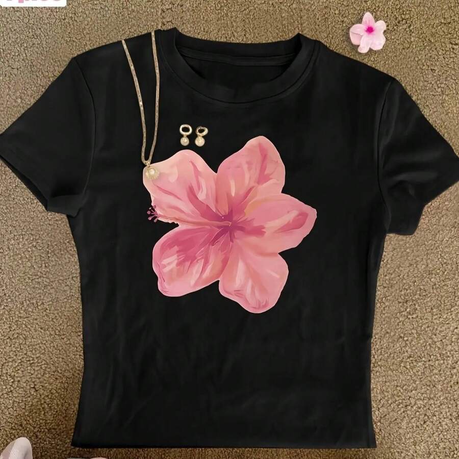 Camiseta Cropped Y2K para Mujer con Manga Corta y Cuello Redondo - Ajuste Slim, Ligera y Transpirable, Largo Corto para Capas, Uso Casual y de Oficina, Blusa Opaca No Transparente - Envío Local Rápido (Lavable a Máquina) - Negro - Ver 1
