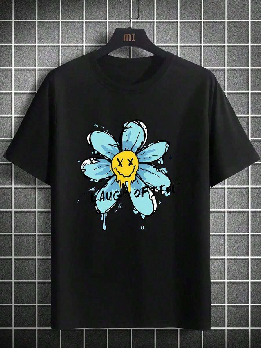 Camiseta de manga corta para hombre, informal, moderna y elegante, con estampado sencillo - Estampado de cara sonriente y flores en amarillo, estilo único y divertido. Diseño estampado, cómodo y transpirable, camiseta deportiva casual de cuello redondo fácil de combinar, hecha de mezcla de poliéster, adecuada para todas las estaciones, disponible en múltiples colores y tallas, perfecta para reuniones navideñas, salidas familiares y uso casual diario, resaltando tu encanto y confianza en la moda, ¡un artículo imprescindible! Cómodo, Holgado - Negro - Ver 1