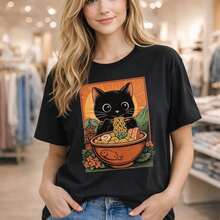 ropa de mujer Camiseta de algodón para mujer, estampado gráfico de gato comiendo ramen, corte holgado y de gran tamaño, manga corta, uso diario casual, tela de algodón suave y cómoda, moda urbana, diseño de animal lindo, tallas de EE. UU. disponibles, camisas de mujer - Negro - Ver 1