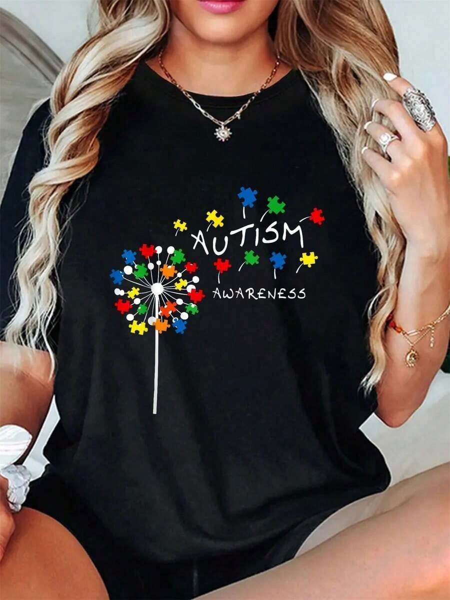 Autism Awareness Dandelion Puzzle Piece T-Shirt, Great Gift For Autism Awareness, Women's Graphic Tees, Crew Neck, Short Sleeve, Casual. - 黑色 - 查看 1