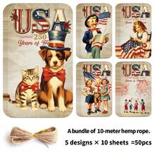50pcs Vintage American 250 Years Of Freedom Theme Gift Tags With Hemp Rope - Independence Day Hanging Labels, Patriotic 4th Of July Paper Gift Tags For Gift Wrapping & Party Decor - A - View 3