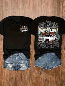 Camiseta de Mujer con Estampado de Frases de Vaquero del Oeste, Cómoda y Transpirable, de Algodón Puro, Manga Corta, Cuello Redondo, Corte Holgado, Estilo Casual Urbano, Camiseta Blanca de Tela Suave con Gráficos de Cactus del Desierto y Longhorn para Uso Diario - Negro - Ver 6