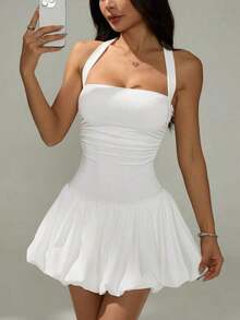 Vestido informal corto de unicolor con cuello de lazo y espalda descubierta para mujer - Blanco - Ver 7