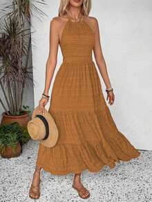 MEXBreezaya Vestido de verano con textura para mujer, de unicolor, con tirantes en la espalda y dobladillo con volantes, perfecto para looks de vacaciones - Vestido largo para vacaciones y playaMEX OAU3 - Multicolor - Ver 11