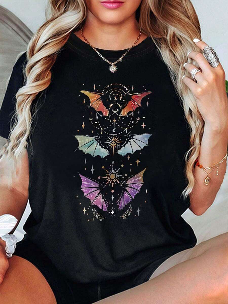 [Print Design]Women's Plus Size Gothic Bat Sun Moon Star & Occult Print T-Shirt - Mystical Short Sleeve Top With Round Neck, Comfy Stretch Fabric For Curvy Women - All-Season Casual & Gothic Outfits (Big Size)[Suitable For Leisure And Sports Activities] - Multicolor - View 1