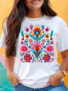 Soft 100% Cotton T-Shirt, Embroidered T-Shirt With Mexican Floral Design - Vibrant Short-Sleeved Round Neck Top With Traditional Mexican Design, Colorful Casual Blouse Suitable For Spring, Summer And Autumn, Machine Washable Cultural Clothing, Breathable Cotton T-Shirt, Matches Everything. - 白色 - 查看 1