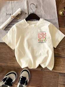 Short-Sleeved, Round Neck, Regular Length T-Shirt Made Of Casual Stretch Fabric With A Flower Market Tulip Print For Women. - 杏 - 查看 2