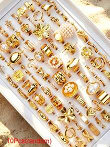 Set de 10 anillos de perlas falsas, anillos abiertos de estilos mixtos elegantes y lujosos, adecuados para fiestas, bodas, uso diario, regalo de joyería de moda, surtido aleatorio - 10 anillos de perlas aleatorios - Ver 8