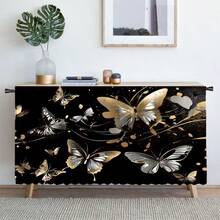 1pc Black & Gold Butterfly Print Polyester Short Plush Tablecloth, Ideal Home Decor For Kitchen Cabinet, Laundry Cabinet, Storage Cabinet, Can Also Be Used As Short Curtain For Windows - Multicolor - View 11