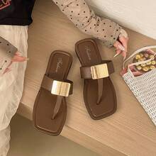 French Elegant Metal Square Buckle Flip Flops For Women, Flat Casual Commuting Holiday High-Quality Sandals For Summer - Brown - View 3