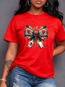 Festive Ribbon With Mexican Flag Colors And National Emblem, Traditional Flowers, A Vibrant Symbol Of Cultural Heritage And Pride To Celebrate. Women's T-Shirt, 100% Cotton, Comfortable, Casual, Maija Women's Curvy Style. - 紅色 - 查看 1