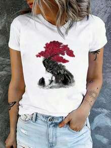 Camiseta suave y cómoda de estilo coreano, ropa casual de algodón grueso, camiseta negra de manga corta con diseño de árbol de cerezo y elefante, top casual de manga corta para mujer, camiseta gráfica de moda para uso diario, camiseta de manga corta estilo anime, adecuada para fiestas, deportes y otros regalos navideños. Camiseta retro de hombros caídos, estilo streetwear, 100% algodón, transpirable - Negro - Ver 4