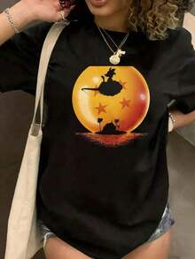 Under The Radar Crew Neck Funny Print Black T-Shirt Inspired By A Sunset Island And Stars Design, Unisex, Casual, For Anime And Pop Culture Fans, Unisex, Suitable For Holiday Gifts - Vintage Street Style, Unisex, Loose Fit, Cotton, Short Sleeve, Crew Neck. - 黑色 - 查看 6