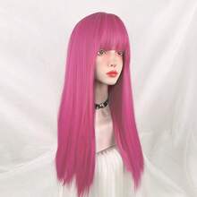 Rose Pink Synthetic Long Straight Hair Wig For Women, Hot Pink Lolita Cosplay Fluffy Heat-Resistant Wig, Suitable For Daily Wear And Parties, Halloween - Hot Pink - View 3