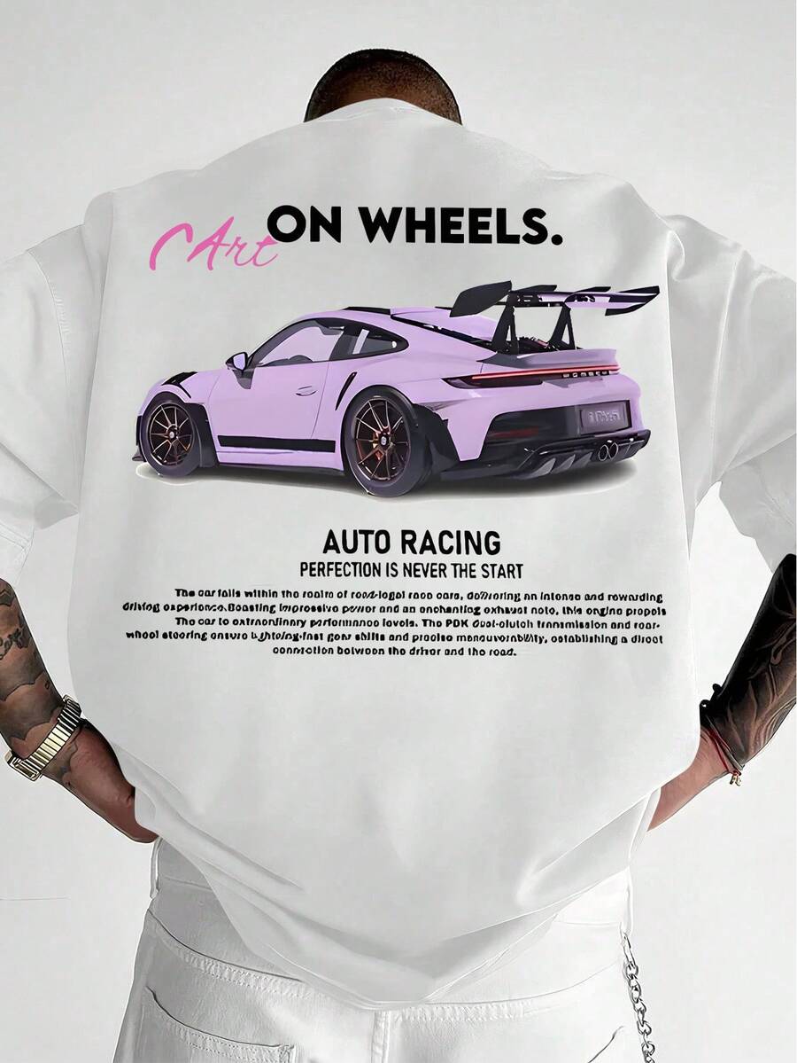 Camiseta de hombre con estampado de superdeportivos, adecuada para uso casual diario, estilo urbano, camiseta de cuello redondo para hombre, corte holgado. - Blanco - Ver 1