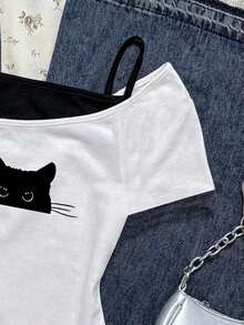 Camiseta de manga corta con estampado de gato negro asomándose en contraste de color, estilo casual y retro, adecuada para el verano - Blanco - Ver 4