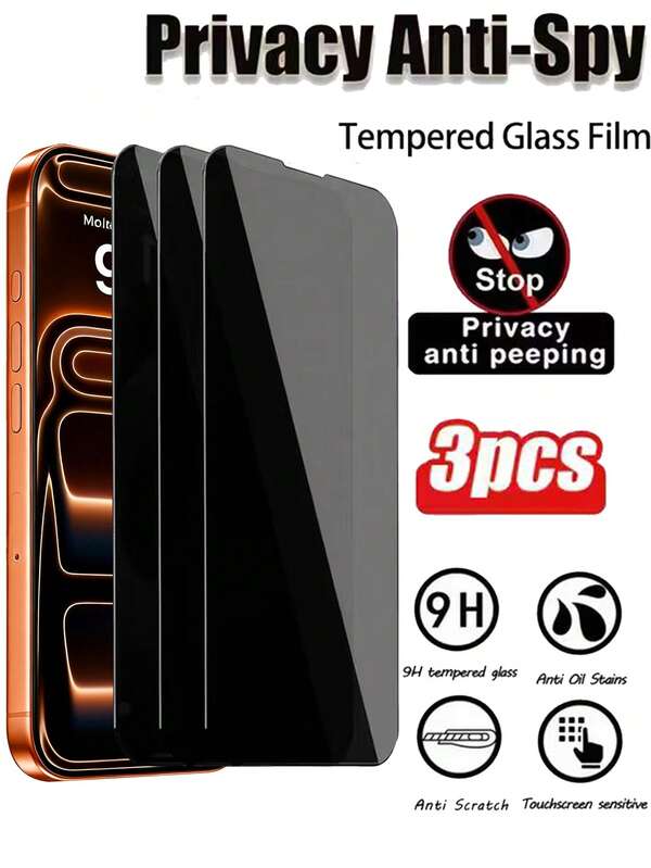 3pcs Privacy Tempered Glass Screen Protector, Anti-Fingerprint Tempered Glass Screen Protector, Side Privacy Protection, Full Screen Fit Without Bubbles, Anti-Fingerprint, Waterproof, Oil-Proof, Scratch-Resistant, Wear-Resistant, Suitable For Various Phone Cases, Easy To Install, Practical Phone Accessory, Fit For IPhone 17 Pro Max/17 Pro/17 Air/17e/17/16/15/14/13/12/11 And Other Models