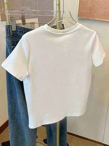 Camiseta casual de cuello redondo para mujer, estampado de corazón brillante con efecto lentejuelas, blusa versátil y moderna, tela ligeramente elástica, ideal para uso diario. - Blanco - Ver 3