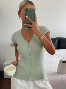 Cárdigan casual de verano para mujer, de unicolor, ajustado, de cuello en V, elástico y delgado - verde menta - Ver 6