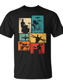 Camiseta de baterista de rock, estilo vintage, unisex, Monsterry, estilo divertido y novedoso para Navidad, ropa de calle moderna de verano, de alta calidad, cómoda y casual, camiseta estampada, 180 g/m², para todas las estaciones, cuello redondo, corte regular, blusas para mujer, blusas, blusas casuales para mujer, blusas casuales para mujer, tops de mujer, tops, unisex. - Negro - Ver 6