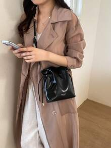 1个女士纯色PU抽绳水桶单肩包，时尚斜挎包，适合通勤、购物、送礼 - 黑色 - 查看 7