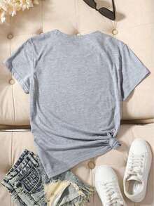 Camiseta de manga corta con estampado de corazones casual y estampado de leopardo para mujeres - Gris - Ver 2