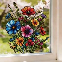 1 pieza Adhesivo de ventana floral caprichoso, adhesivo de ventana estático, calcomanía de amapola y tulipán acuarela rosa, PVC semibrillante, removible, para sala de estar, dormitorio, decoración del hogar - Multicolor - Ver 6