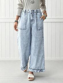 Pantalones vaqueros de pierna ancha con cintura elástica y bajo con volantes para mujeres - Lavado ligero - Ver 4