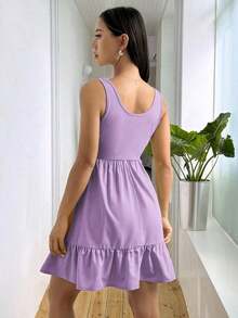 Vestido casual de mujer de unicolor con volantes en el bajo, para verano - Morado - Ver 2