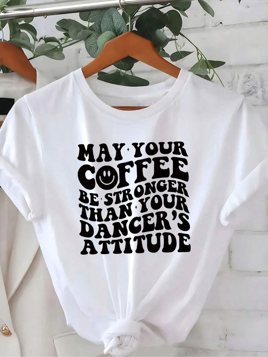 1 camiseta de mujer con estampado de café y actitud de bailarina, diseño 'Que tu café sea más fuerte que la actitud de tu bailarina', perfecta para bailarinas y madres de bailarines, regalo de vacaciones, regalo de cumpleaños, atuendo casual cómodo y elegante, moda sencilla, recomendado para mujeres y camisetas estilo Y2K. - Negro - Ver 1