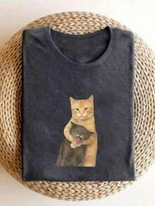 Camiseta de mujer con estampado de gato, desgarradora pero adorable - Camiseta gráfica con gatito lindo para amantes de los gatos, uso casual diario y temático (lavable a máquina), talla grande blanca de verano - Gris Oscuro - Ver 3