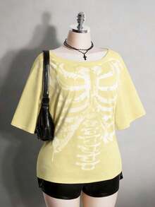 Colección verano 2026. Camiseta holgada mujer talla grande, estampado calavera y rosa gótico punk, estilo retro vanguardista. Tallas 3–7XL, apta otoño-invierno. Envío gratis 24h. - Amarillo 1 - Ver 15