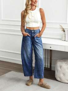 Jeans informales desgastados y desgastados, con ajuste de novio para mujer - Azul lavado oscuro - Ver 4