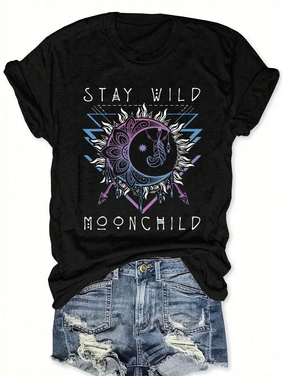 Camiseta de talla grande con estampado de letras, top casual de manga corta y cuello redondo, para verano y primavera, ropa de mujer de talla grande. - Negro - Ver 1