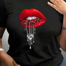Camiseta de manga corta estilo Y2K para primavera y verano, sexy, con estampado de labios brillantes y diseño de joyas, cuello redondo, corte ajustado, ideal para el Día de la Bandera, comodidad durante todo el día, para mujeres, estilo gráfico moderno, para ir al trabajo, suave y agradable al tacto. - Negro - Ver 7