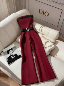 Mono sin tirantes de pierna ancha con hebilla metálica y ribete de contraste para mujer, mono formal elegante de lujo y alta calidad para mujer - Burdeos - Ver 9