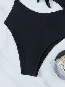 Swim Vcay Traje de baño de una pieza de unicolor negro elegante sin mangas, de cintura alta y con tirantes ajustables, para primavera/verano 2026 - Negro - Ver 4