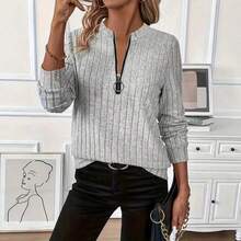 Women's Ribbed Knit Zip Up Top Solid Color Long Sleeve Slim Fit Casual Autumn Winter Sweater - Wine Red - 查看 3