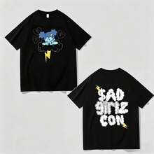 Camisa Negra Tema SAD GIRLZ CON, Estampado de Chica Triste, Estilo Versátil, Unisex, Serigrafía en Playeras, Playera de Algodón de Manga Corta - Negro - Ver 10