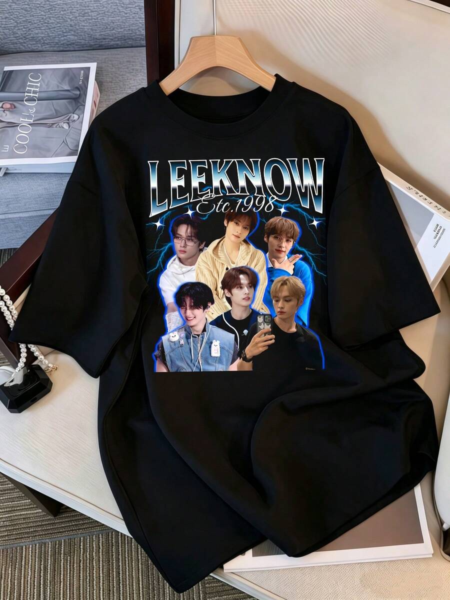 2026 T-Shirt, Strays Kids Know Retro Lightning Graphic T-Shirt, K-Pop Idol Oversized T-Shirt, Black Cotton Oversized Casual Bootleg Style K-Pop Idol T-Shirt, Vintage Graphic Print T-Shirt, Casual Loose Short Sleeve Top, K-Pop Fan Merchandise, Black Streetwear T-Shirt For Fans, Vintage Graphic K-Pop Star T-Shirt, Oversized Short Sleeve T-Shirt With Retro Lightning Letter Print, Casual Black Crew Neck Top, Streetwear Style Idol Fan Gift, Comfortable Loose Fit Cotton Blend T-Shirt For Women And Men. - Black - View 1
