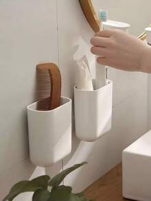 1pc Toothbrush Holder Wall Mount, Self-Adhesive Bathroom Storage Rack, Home Decor For Bathroom, Autumn/Back To School Decoration - White - View 2