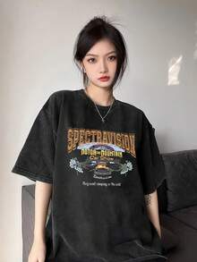Camiseta de Manga Corta Lavada con Diseño Vintage, Estampado de Marca Moderna, Cuello Redondo Holgado y Versátil para Mujer, Moda de Verano Y2K - Negro - Ver 6
