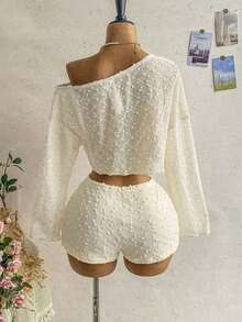 Conjunto de 2 piezas de top de manga larga con hombro asimétrico y degradado y shorts de moda para mujer - Albaricoque - Ver 2