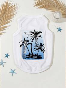 LUCKIE LABO 1pc Coconut Tree Fun Print Pet Vest, Physical Flea Protection, Reduces Shedding, Insulating & Breathable Dog Vest, Suitable For Large And Small Dogs And Cats, Indoor And Outdoor - White - View 3