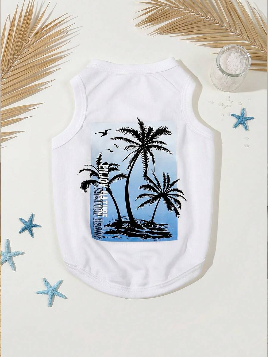 LUCKIE LABO 1pc Coconut Tree Fun Print Pet Vest, Physical Flea Protection, Reduces Shedding, Insulating & Breathable Dog Vest, Suitable For Large And Small Dogs And Cats, Indoor And Outdoor - White - View 1