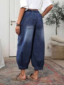 Pantalones vaqueros casuales de mujer con cintura con cordón y lavado vintage, pantalones casuales de mujer, pantalones de verano de mujer con cintura elástica, pantalones de mujer con bolsillos, pantalones caqui de mujer - Azul lavado oscuro - Ver 2