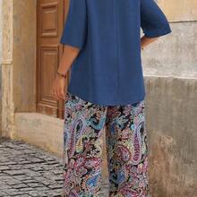 Plus Size Holiday Casual Solid Color Top And Paisley Print Pants 2 Pieces Set,Holiday Outfits Boho - Multicolor - Ver 3